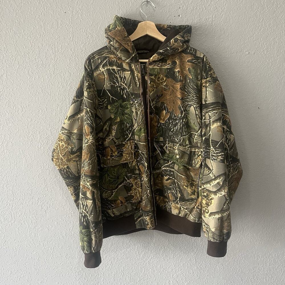 Vintage Hooded Camouflage Jacket Men’s XL Bomber Zip Up Workwear Real Tree Coat